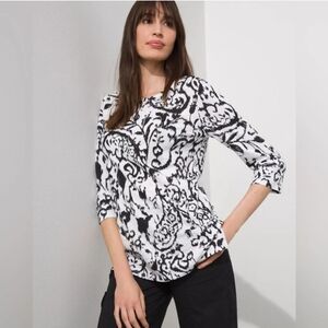 Chico's Black and White Graphic 3/4 Sleeve Textured Top
